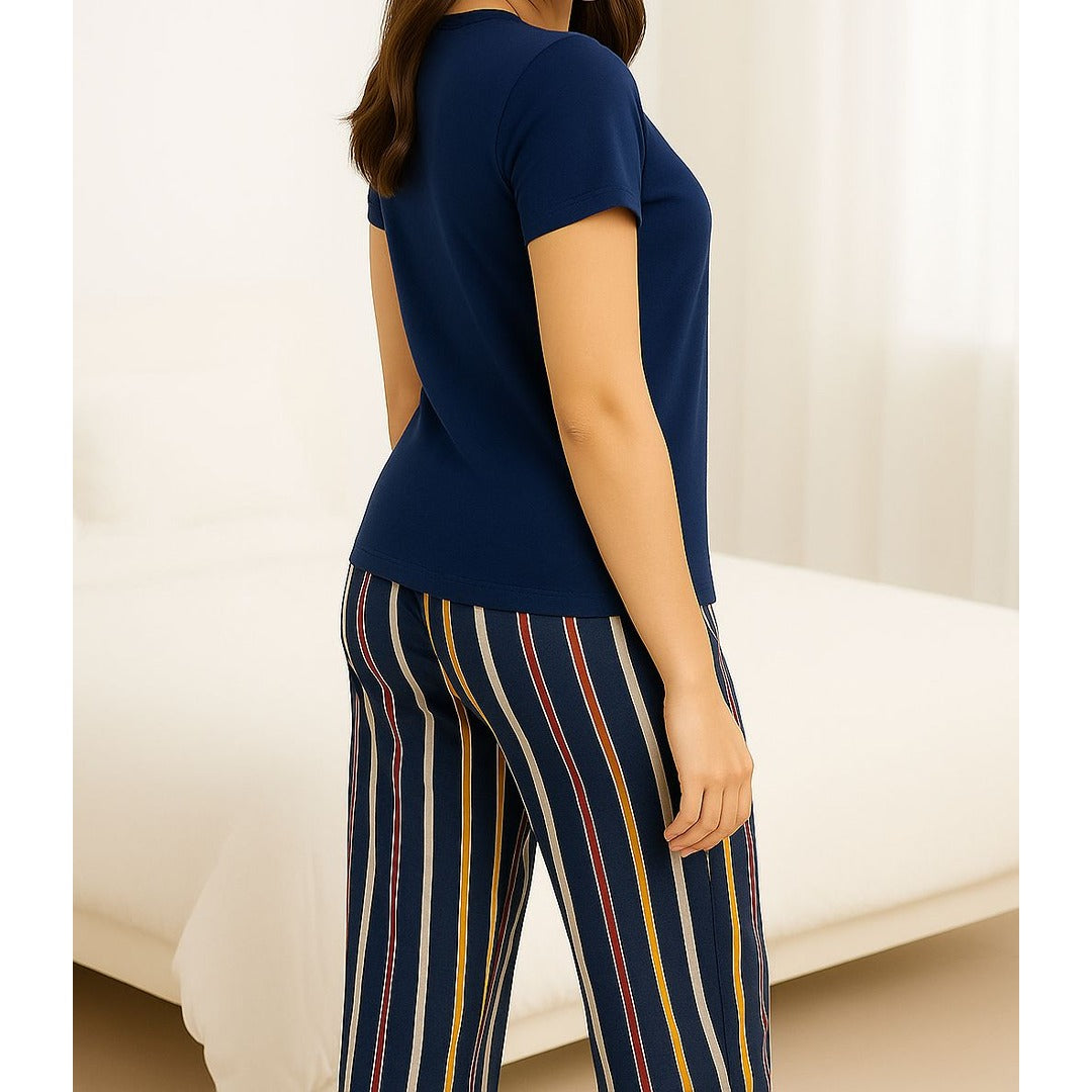 Striped Pajama Set with Navy Blue Top
