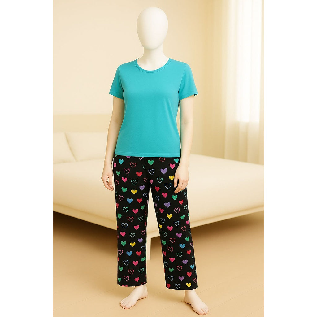 Women’s Heart Print Night Suit – Jersey Fabric Loungewear Set (Top & Pajama)