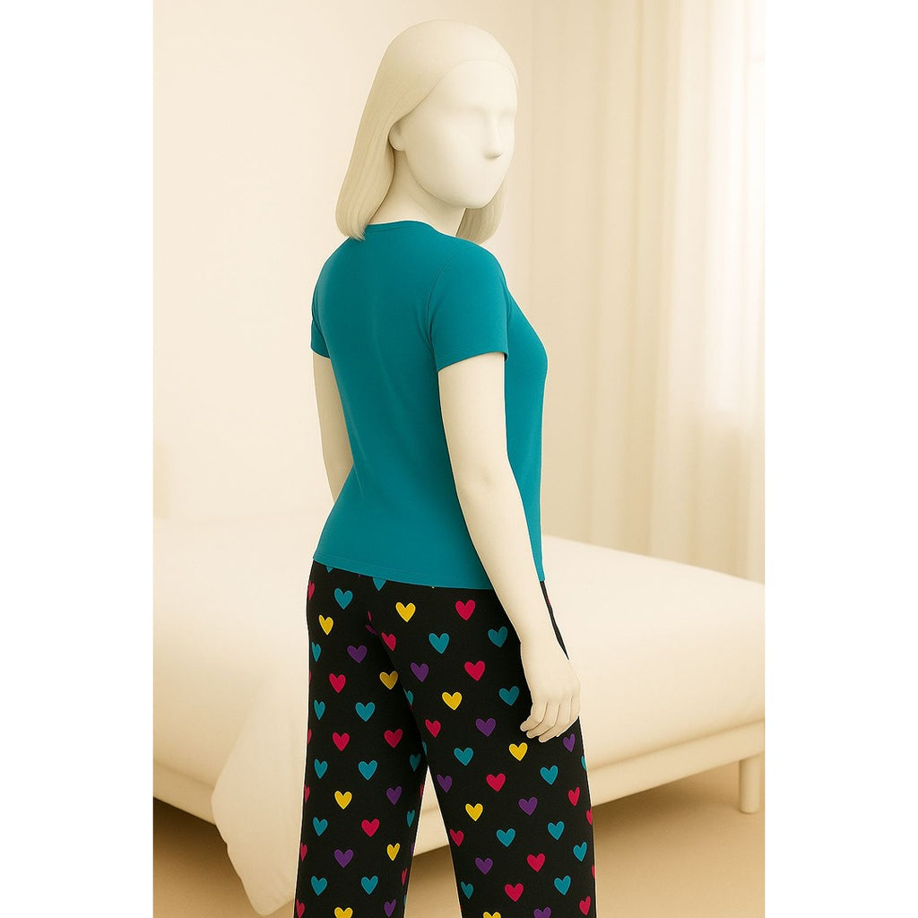 Women’s Heart Print Night Suit – Jersey Fabric Loungewear Set (Top & Pajama)