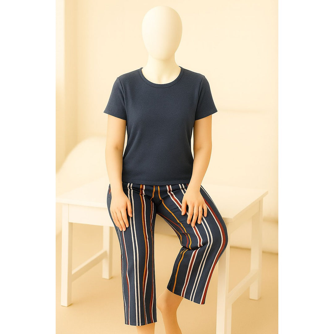 Women’s Striped Pajama Night Suit – Navy Blue Jersey Loungewear Set (Top & Bottom)