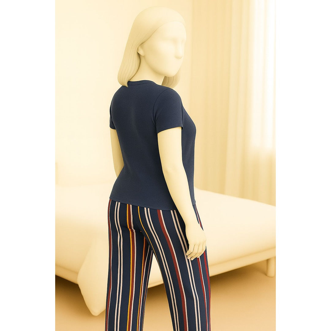 Women’s Striped Pajama Night Suit – Navy Blue Jersey Loungewear Set (Top & Bottom)