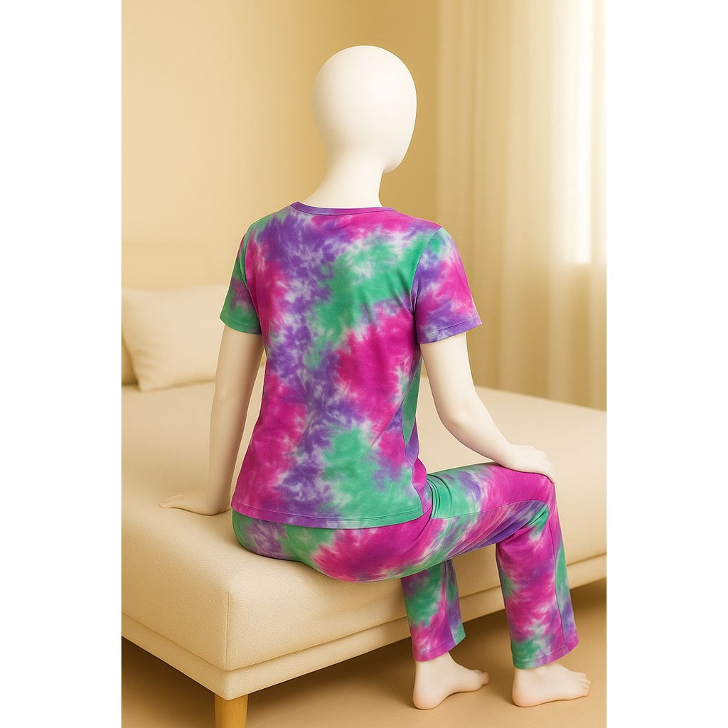 Women’s Tie-Dye Night Suit – Pink, Green & Purple Jersey Loungewear Set (Top & Bottom)