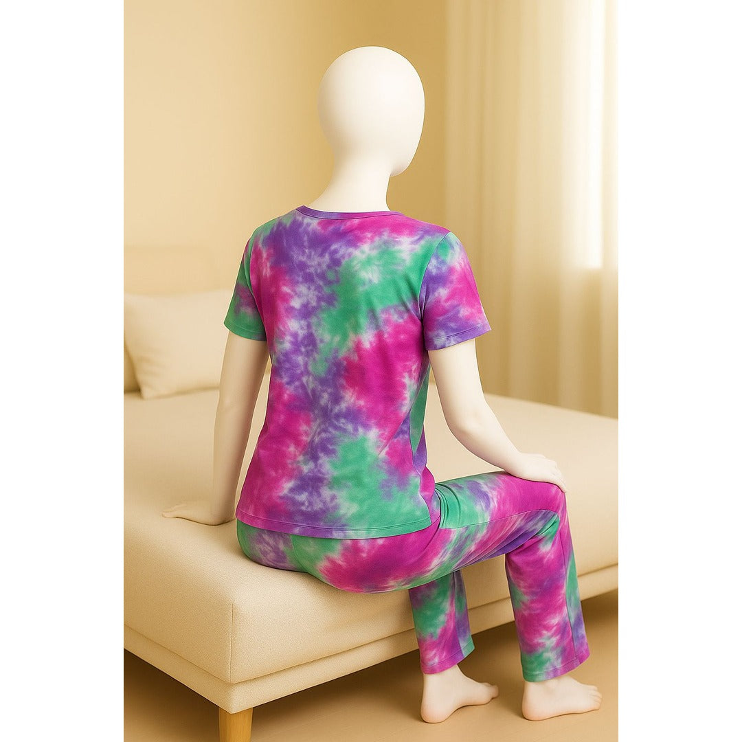 Women’s Tie-Dye Night Suit – Pink, Green & Purple Jersey Loungewear Set (Top & Bottom)