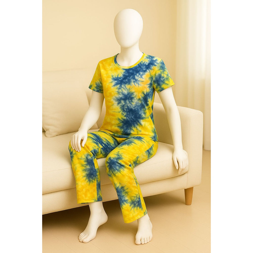Women’s Tie-Dye Night Suit – Yellow & Blue Jersey Loungewear Set (Top & Bottom)