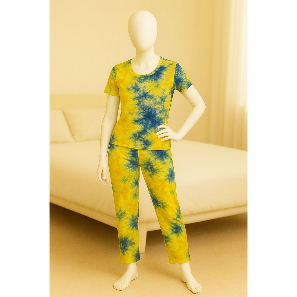 Women’s Tie-Dye Night Suit – Yellow & Blue Jersey Loungewear Set (Top & Bottom)